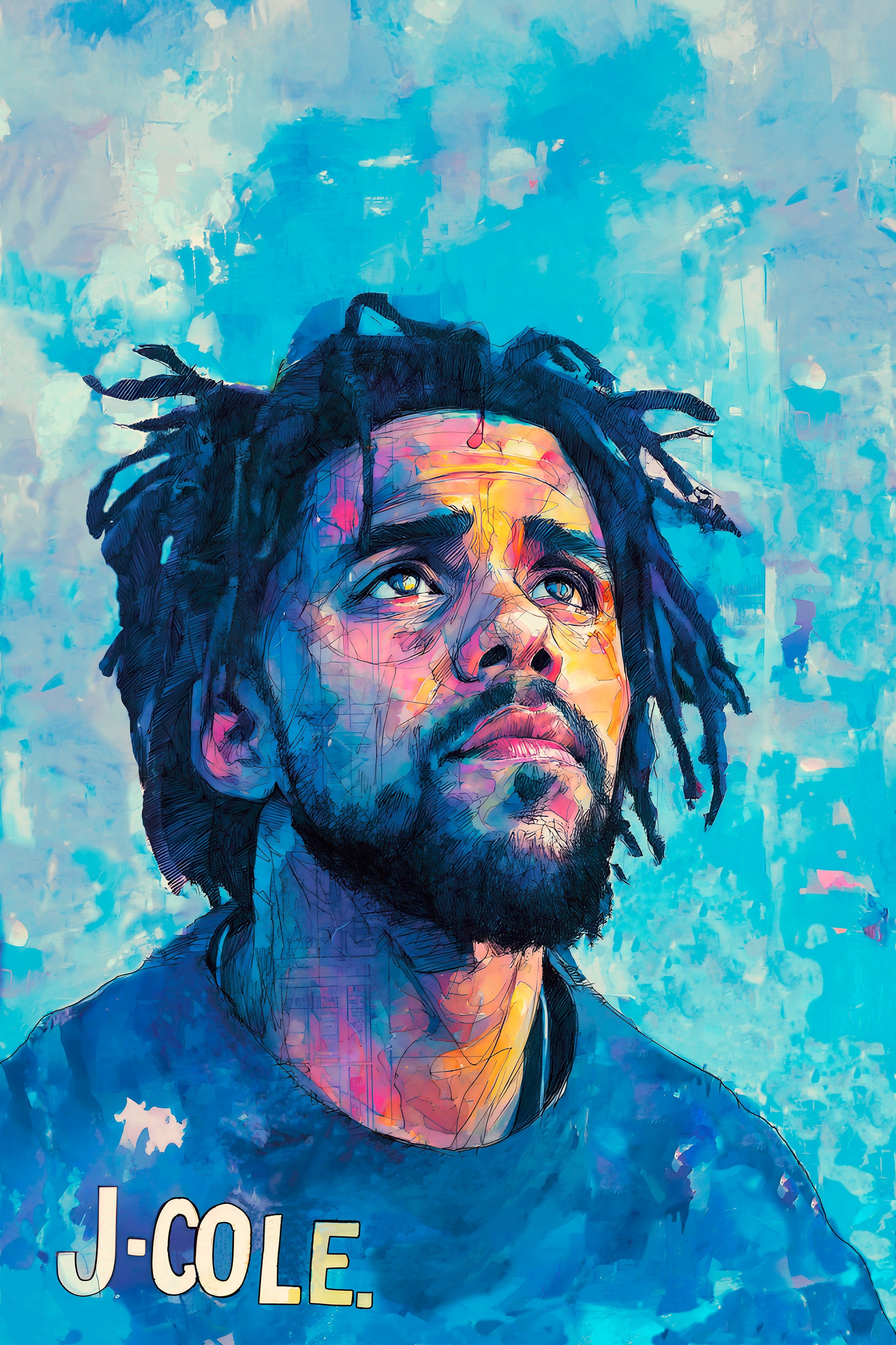 Colorful portrait of J-Cole on a blue background